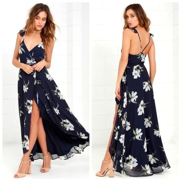 Lulus Dresses & Skirts - Lulus long navy cream print wrap around dress Size S
